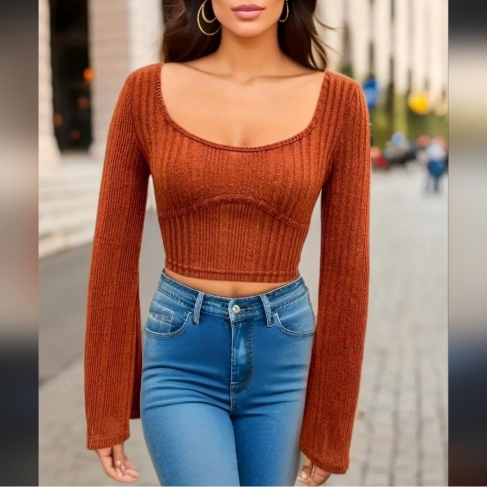SHEIN Rust Burnt Orange Ribbed Scoop Neck Knit Bell Sleeve Shirt